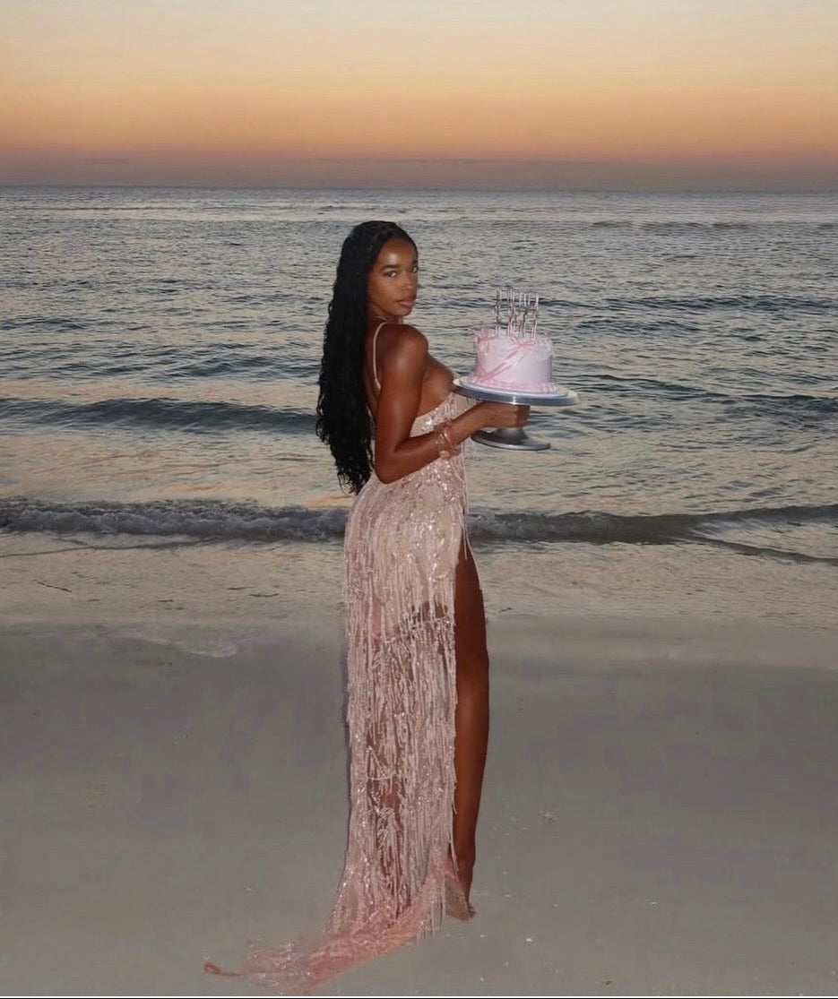 SKETCH-Y PEACH BEADED AURORA GOWN | RRP: $670