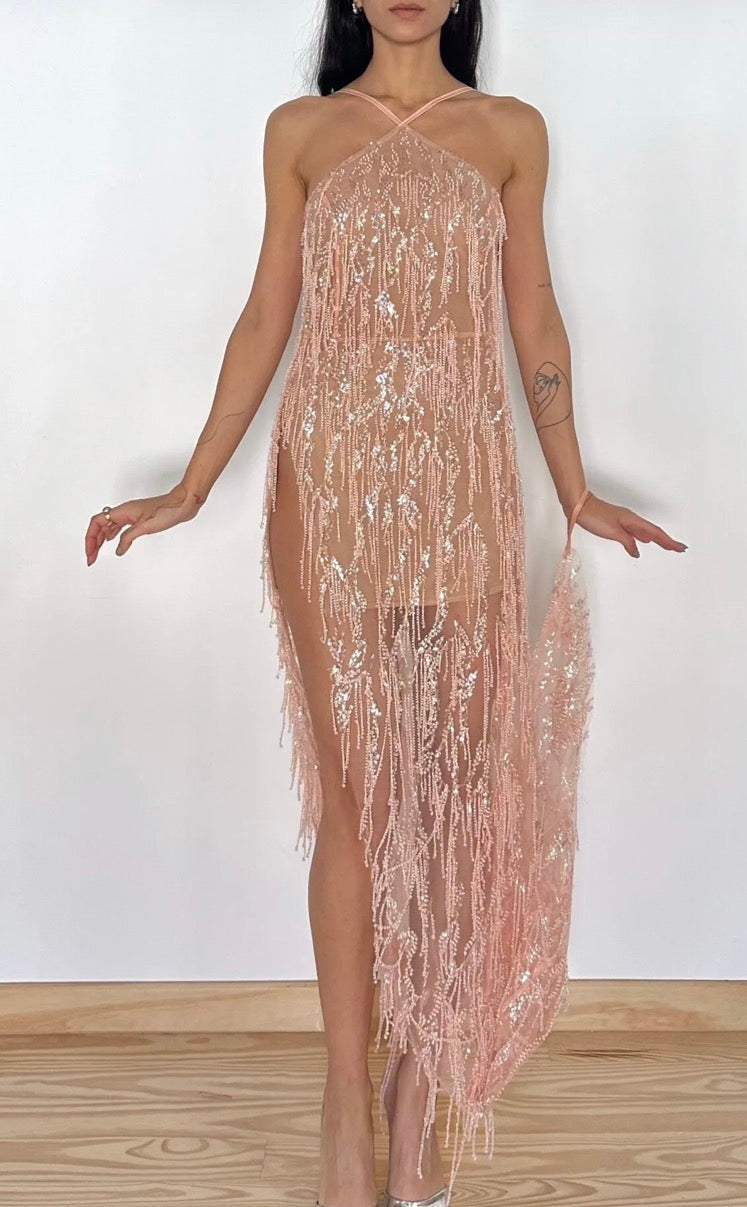 SKETCH-Y PEACH BEADED AURORA GOWN | RRP: $670